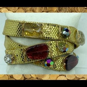 Gold mesh printed leather bejeweled wrap bracelet